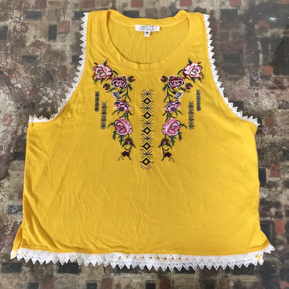 Yellow embroidered cropped tank, size M